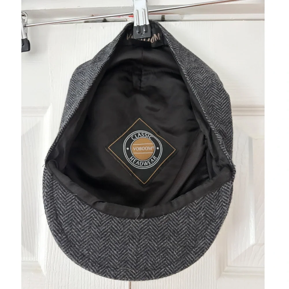 Voboom Mens Grey Herringbone Wool Blend Flat Cap Ivy Driving Newsboy Hat Size L